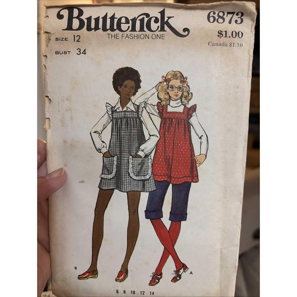 Vintage 1970s Butterick Sewing Pattern 6873 Size 12 Uncut Smock Dress Mini Crop